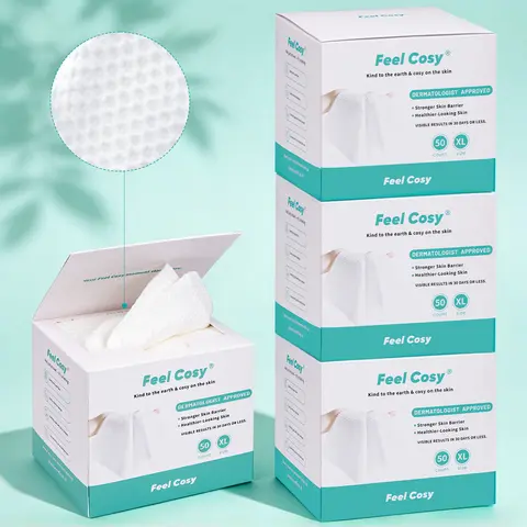 FeelCosy XL Disposable Face Towels, 4 Packs (50 Pieces Each, 200 Total) - Ultra Soft, Gentle Thickened, Compostable, Chemical-Free Viscose, Hygienic Disposals for Makeup Remover & Daily Skincare (Unisex Adults)