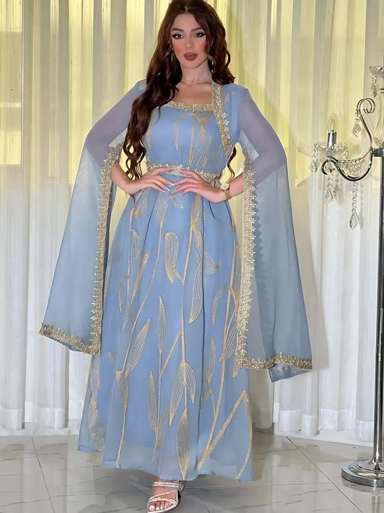 Ramadan Arabic Clothing-Plants Embroidery Contrast Lace Cloak Sleeve Belted Dress, Elegant Long Sleeve Square Neck A Line Dress For Spring & Fall, Wom