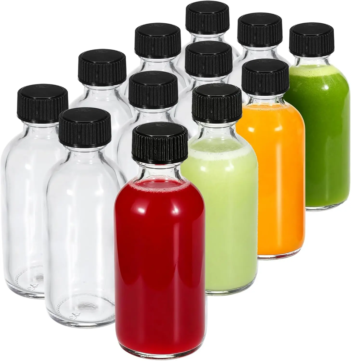 12 Pack 2oz Minimalist Lightweight Lid-Sealed Glass Boston Round Storage Bottles & Jars - Eco-Friendly, BPA-Free, Leakproof, Dishwasher Safe, Travel Ready, 1.5in Wide Home Supplies with Funnels, Labels for Ginger Shots, Food Contact Safe DIY Creations