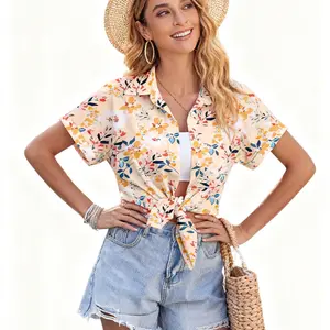 Women's Hawaiian Button Down Shirts Casual Short Sleeve Floral Tropic Print Summer Blouse Tunic Top 95% Polyester Lightweight Beach Boho Dress Essential Fashion Graphic Outdoor Slim