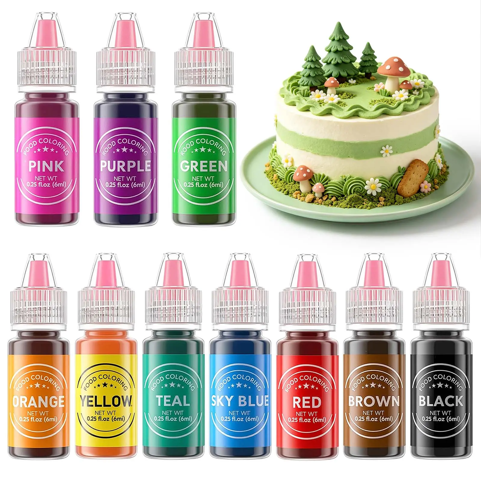10-Piece Food Grade Liquid Food Coloring Set (0.25 Fl oz Each), Baking Supplies for Cake, Cookies, Cupcakes, Cream, Icing, Fondant, Easter Egg DIY Projects