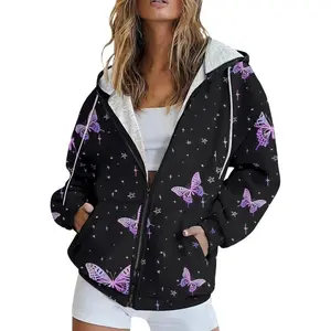 Vibrant Butterfly Print Hoodie - Women's Casual Long Sleeve Drawstring Hooded Jacket with Pocket for Fall & Winter Fabric Spandex