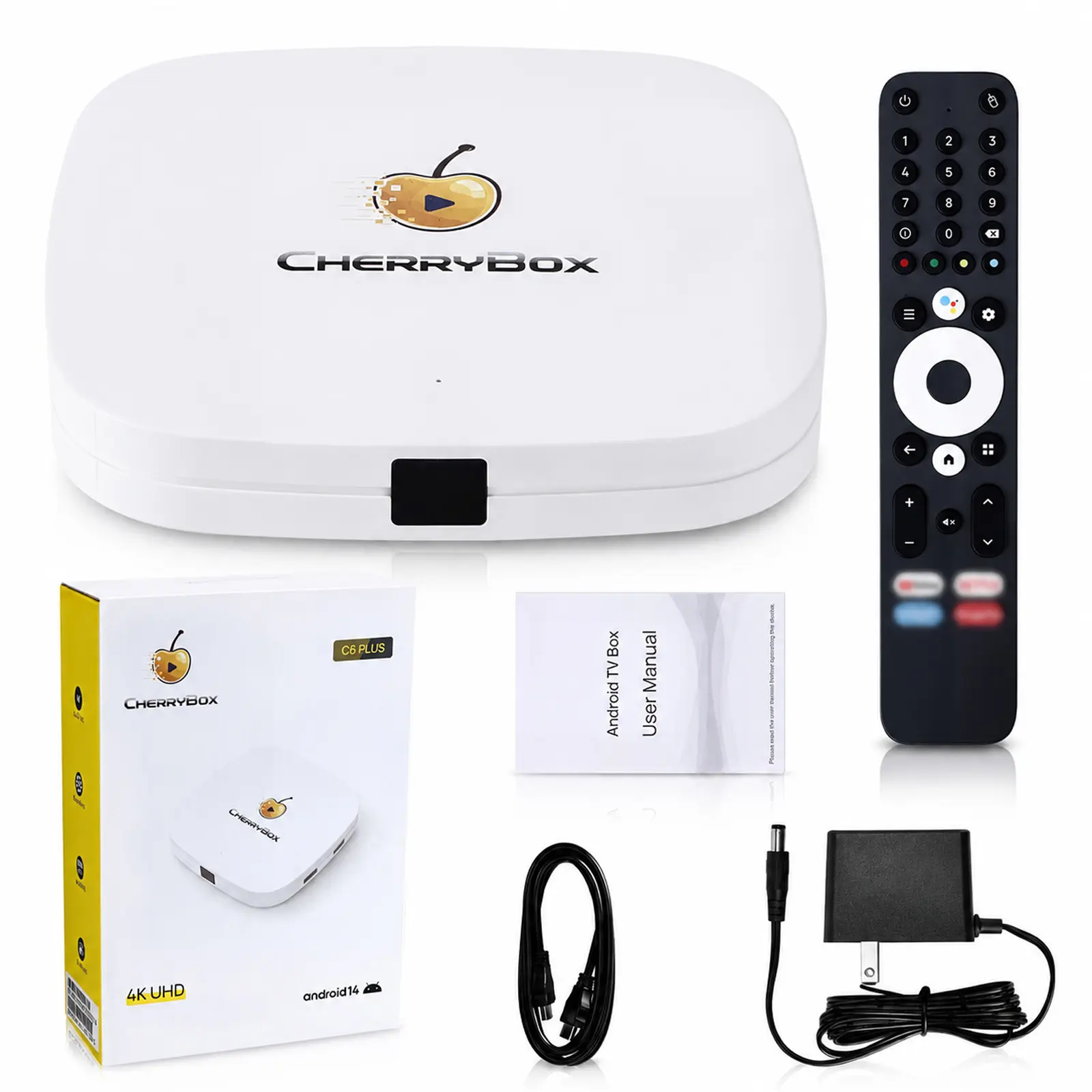 CHERRYBOX C6 Plus, with Voice Remote, HDMI Cable, Power Cord, and User Manual
