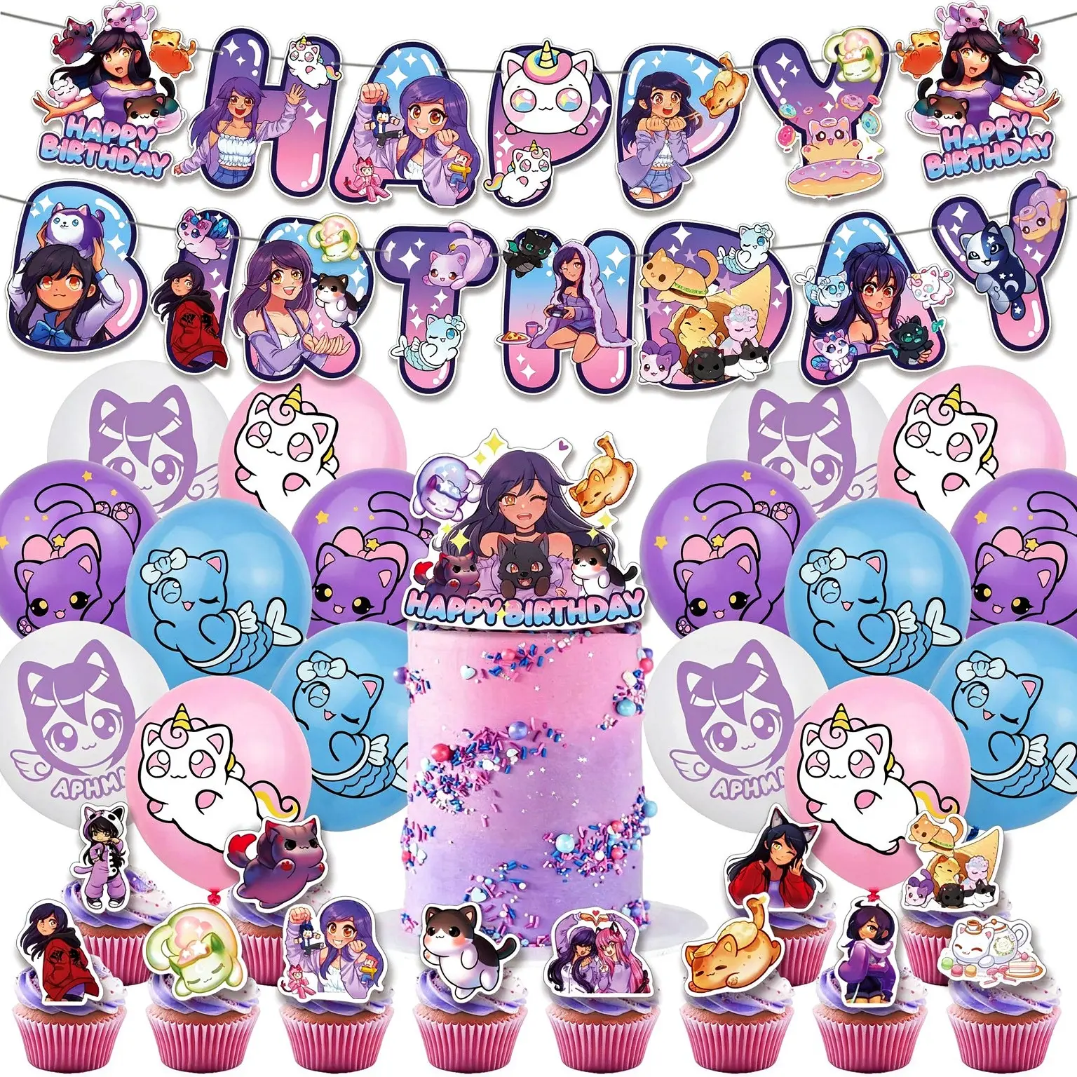 Aphmau Birthday Theme Party Decorations Banners, Cakes, Flags, Balloons Set