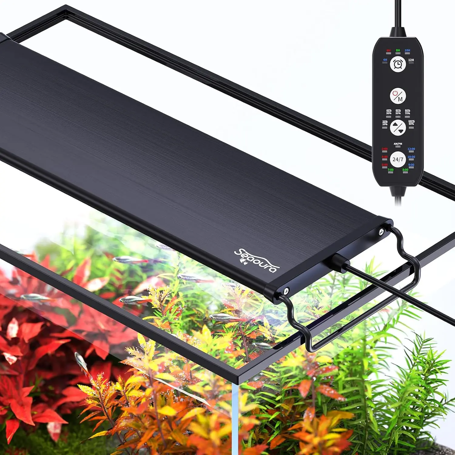 Seaoura SR-618 Clip On 24/7 WRGB Full Spectrum Aquarium LED Light Sunrise-Daylight-Moonlight DIY Mode Adjustable Timer & Brightness seven Colors Power Off Memory IP68 Waterproof for 12-54 Inch Planted Freshwater Fish Tank