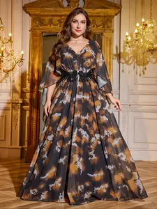 Elegant V-Neck Watercolor Print Beaded Chiffon Shawl Dress, Random Cut, Large Swing Hem Formal Wear Evening Party Gown, Sophisticated Style