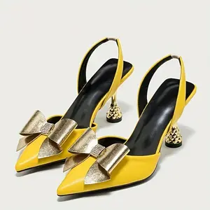 1 Pair Ultrahigh Heel Elegant Pumps for Women, Solid Color Bow-Embellished Pointed Toe Slingback Shoes with Cone Heel, All-Season Polyurethane Upper/Inner/Sole/Insole