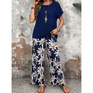 2-piece women's set in dark blue, Bohemian: loose short-sleeve Round neck T-shirt with wide-leg pants featuring floral and leaf pattern, casual, comfortable style, perfect for beach vacations, outdoor picnics, city coffee shop