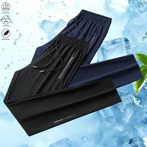 Men’s 2-piece long pants set — ice silk jogging pants, breathable stretchy athletic pants with zippered pockets, suitable for running, fitness, and outdoor activities, ideal for summer wear.