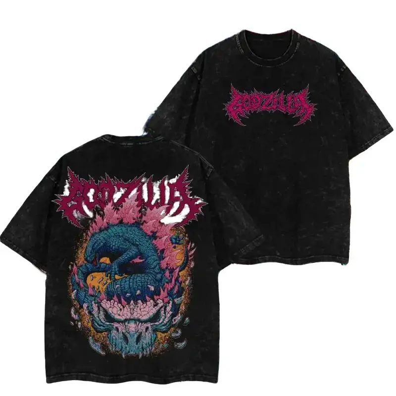 Menswear Men's Godzilla Kaiju Graphic T-Shirt - Unisex Retro Oversized Heavyweight Cotton Short-Sleeve Top, Vintage Wash, Round Neck for Streetwear Fans