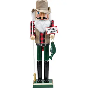 Christmas Fisherman Nutcracker Red Green Wooden 15" Fisherman Nutcracker with Fishing Rod and Fish Xmas Themed Holiday Doll Figure Decorations