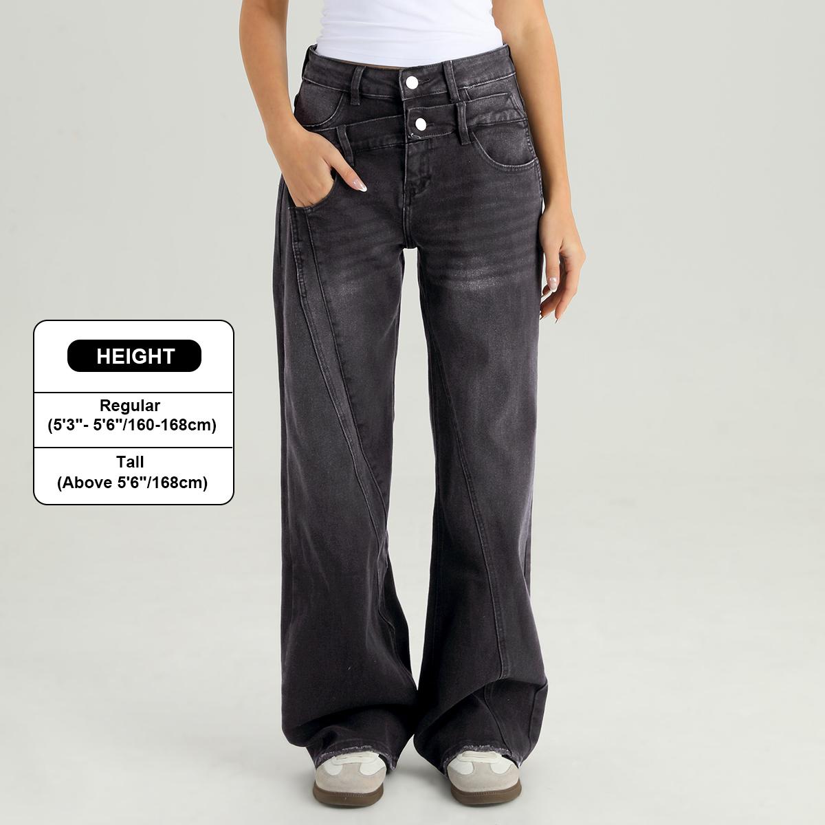 KatchMe Women's High Waist Patchwork Wide Leg Jeans, Vintage Fake Two-Piece Durable Denim Trousers, Baggy Stretchy Soft Pants, Versatile Wrinkle-Resistant Womenswear