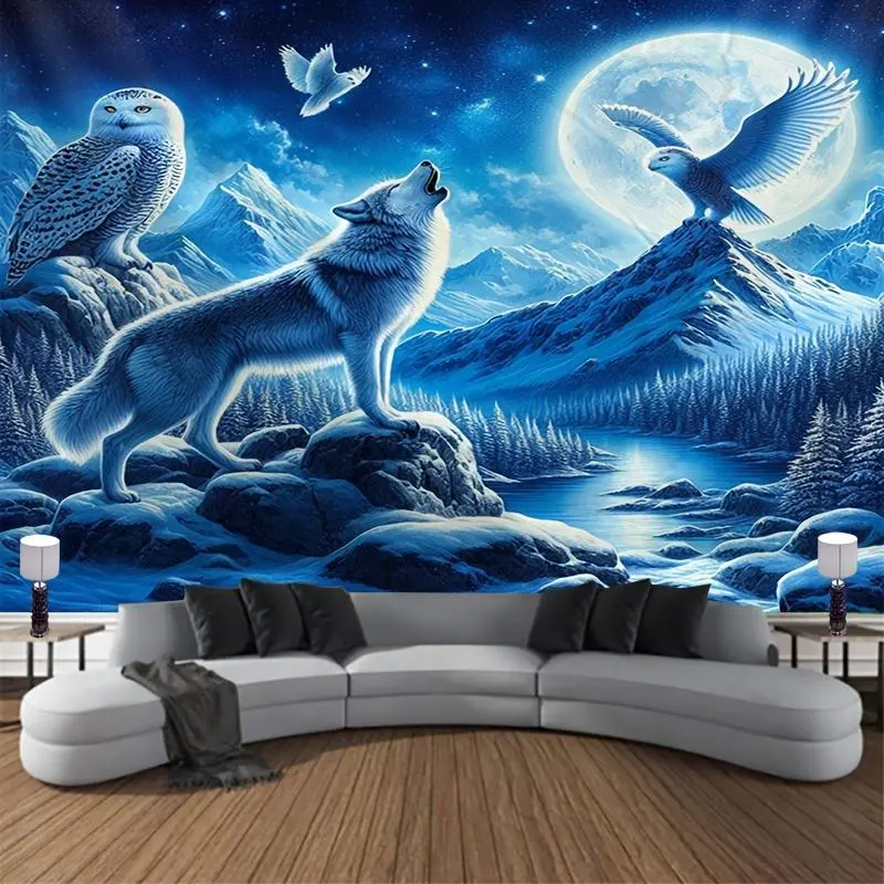 1 Sheet Wolf and Owl Moonlight Decorative Tapestry - Polyester Woven Wall Hanging with Snow Mountain Scenery, Animal Character Design, Bedroom Wall Decor, Tapestry Room Decor, Brushed Fabric Home Supplies (No Electricity Required)