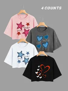 Women's Star & Heart Print Round Neck Crop Tee, Casual Short Sleeve Crew Neck T-shirt for Summer, Fashion Women's Top for Daily Wear, Casual Fashionable Top