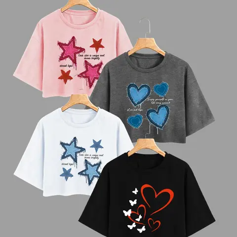 Women's Star & Heart Print Round Neck Crop Tee, Casual Short Sleeve Crew Neck T-shirt for Summer, Fashion Women's Top for Daily Wear, Casual Fashionable Top, Casual Everyday Top