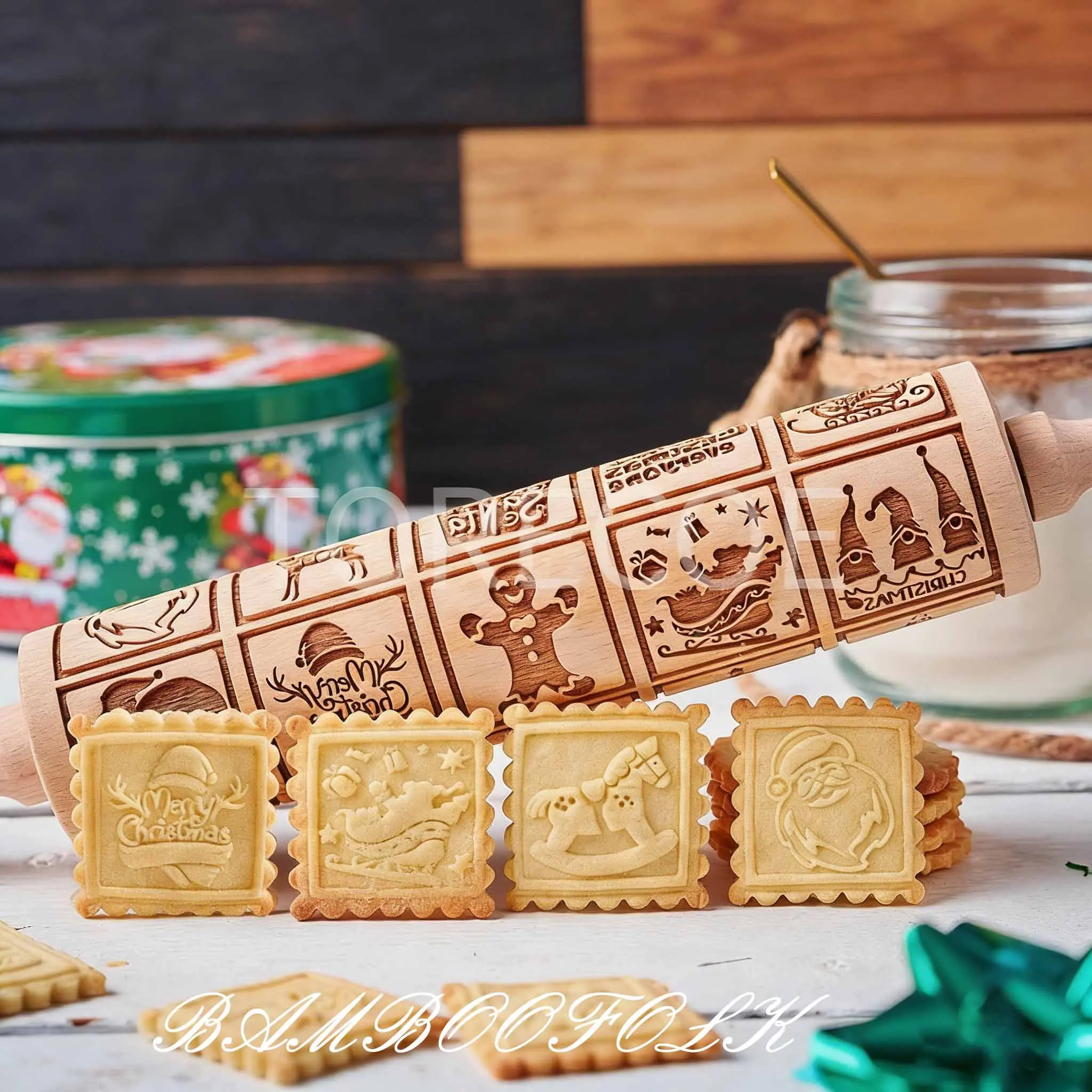 1pc Christmas Gingerbread Man Embossed Wooden Rolling Pin for Baking, Deep Engraved Cookie Cutter For Baking Embossed Cookies,Cute Kitchen Decor DIY Tool for Adults, birthday gift women,gift women, mom birthday gift