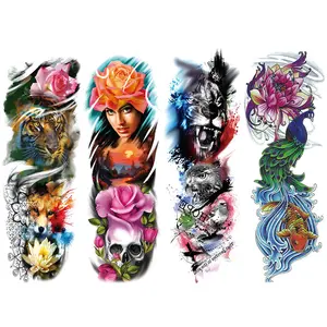 4 Sheets Colorful Sleeve Temporary Tattoo Stickers, Full Arm Wolf Tiger Eagle Flower Design, Unisex Makeup Fake Watercolor Body Art, Fake Tattoos