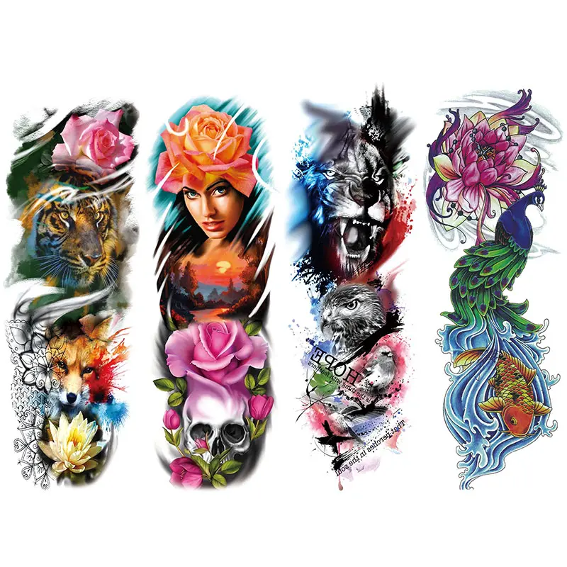 4 Sheets Colorful Sleeve Temporary Tattoo Stickers, Full Arm Wolf Tiger Eagle Flower Design, Unisex Makeup Fake Watercolor Body Art, Fake Tattoos, Aesthetic Tattoo Merch, Ephemeral Tattoos