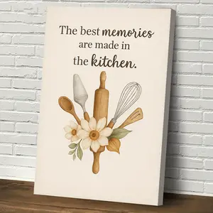 1pc, Kitchen Memory Canvas Painting - Canvas Print with Kitchen Text, Cooking Tools, and Floral Elements with Wooden Frame - Suitable for Home, Office, or Kitchen Decoration, Indoor Wall Art - Cooking and Baking Decoration - Wooden Frame Art, Home Decor -