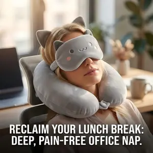 U-Shaped Neck Pillow Memory Foam Travel Cartoon Eye Mask, Soft Support Cushion for Plane Car Sleep, Portable Fatigue Relief