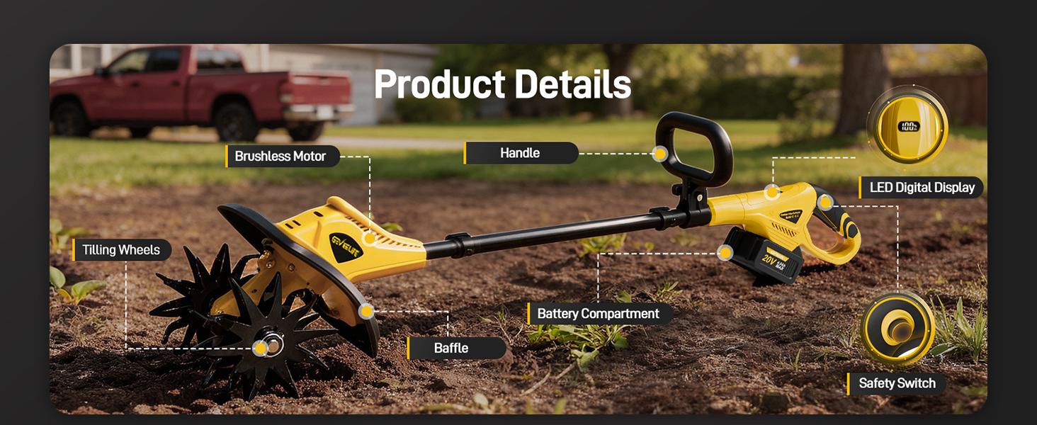GEVEELIFE 20V Cordless Tiller Cultivator, 2×4.0Ah Battery Powered Rototiller, 12" Tilling Width, 8" Depth, 360RPM Garden Tiller, Electric Tiller for Gardening, Lawn & Soil Cultivation