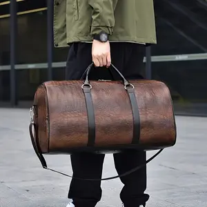 Vintage-Style Crocodile-Pattern Suitcase | Large Capacity | Black and Dark Brown | Versatile Travel Bag with Shoulder Strap