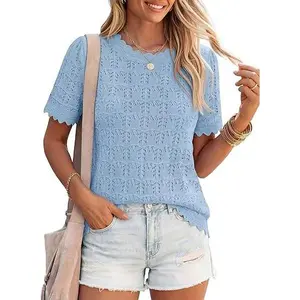 ZESICA Women's Summer Hollow Out Crochet Cover Ups 2026 Short Sleeve Crewneck Sweater Shirts Beach Vacation Outfits