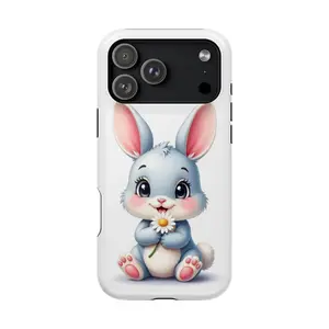 Cute Bunny with Daisy Phone Case – Kawaii Blue Gray Rabbit Holding Flower, Cute Phone Case, Gift for Women, Mom, Sister, Friend, Him/ Her, Birthday - iP Xr, 11, 12, 13, 14, 15, 16, 17, S21, 22, 23, 24, 25 - Tough Case, MagSafe, Phone Case