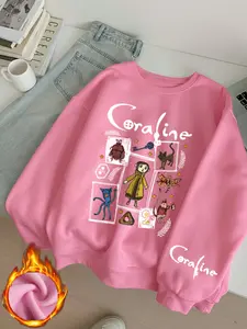 Plush round neck sweatshirt, "Coraline" "Coraline" Caroline animated film, casual retro Vintage Fitted long-sleeved pullover, round neck casual sports women's pullover sweatshirt, autumn and winter plush women's clothing