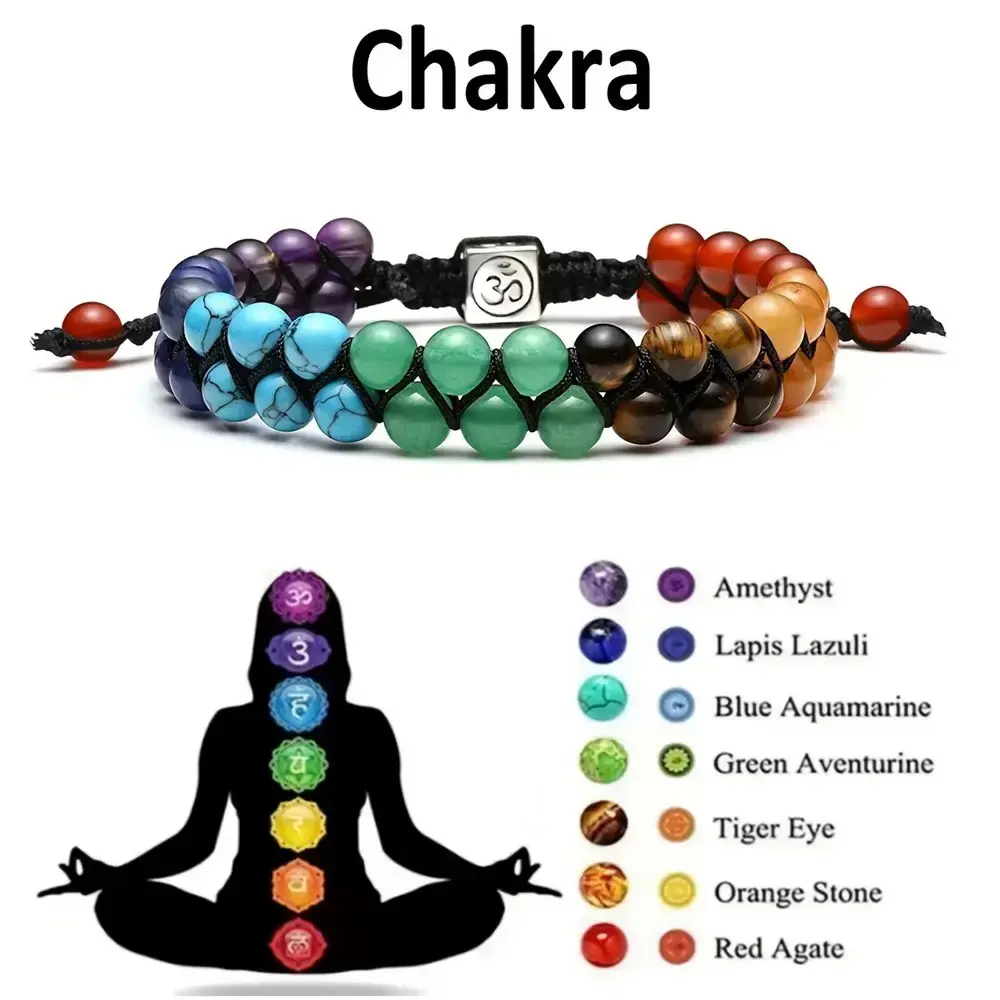 7 Chakra Healing Crystal Bead Bracelet, Adjustable Macrame Cord with OM Symbol for Unisex Spiritual Energy Balance & Yoga Gift, Crystal Bracelet