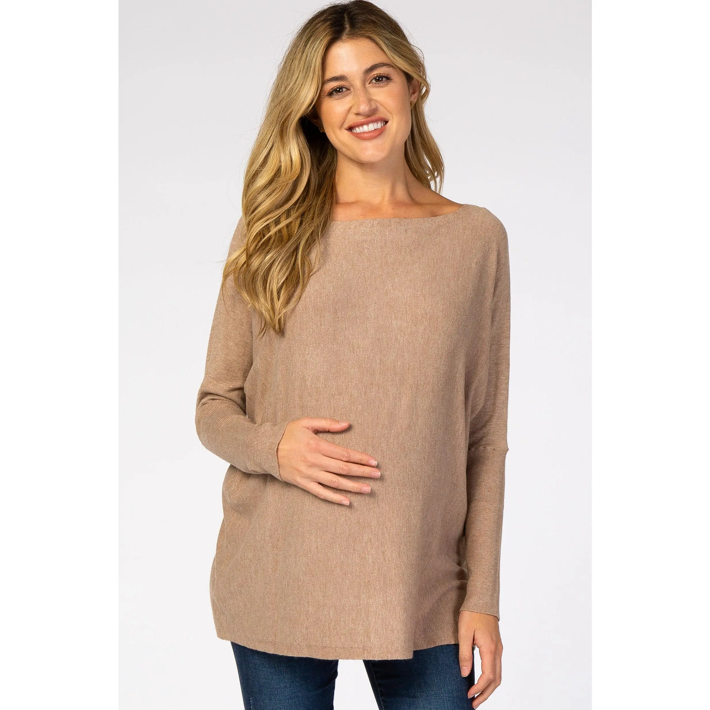 Mocha Soft Knit Boatneck Dolman Sleeve Maternity Sweater