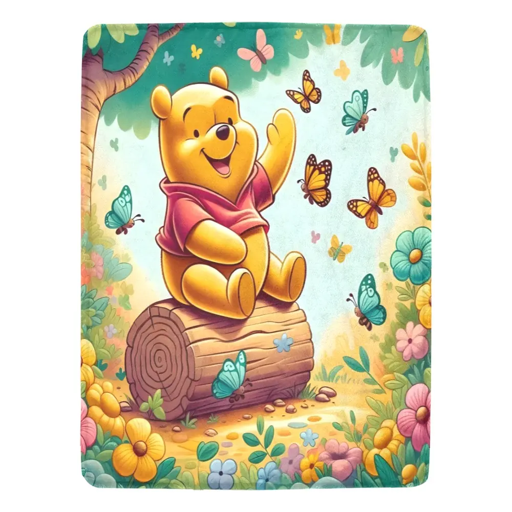 [SummerVibes] DISNEY CLASSIC Winnie the Pooh Flannel Blanket - Soft & Warm All-Season Throw, Vintage Cartoon Design with Butterflies & Flowers for Sofa, Bed, Office, Gifts