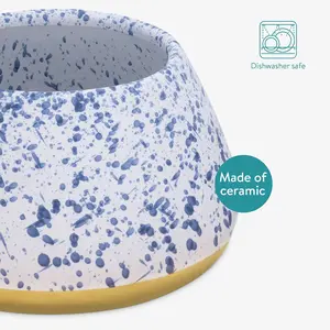 Ceramic Dog Bowl - Water and Food Bowl for Long-Eared Dogs, Cocker Spaniel, Beagle, Basset Hound - Spill-Proof Pet Bowl - White with Blue Spots