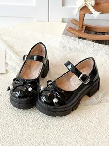 Girls' Mary Jane Thick Sole Leather Shoes, Elegant Bow & Pearl Decor, Anti-Slip Wear-Resistant, Adjustable Buckle Strap, Vintage Lolita Style
