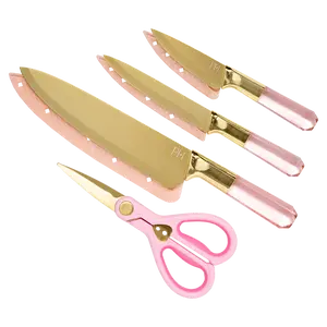 Paris Hilton Stainless Steel Knife Set with Jewel Shaped Handles and Gold Blades, Iconic Cutlery Set, 4-Piece, Pink