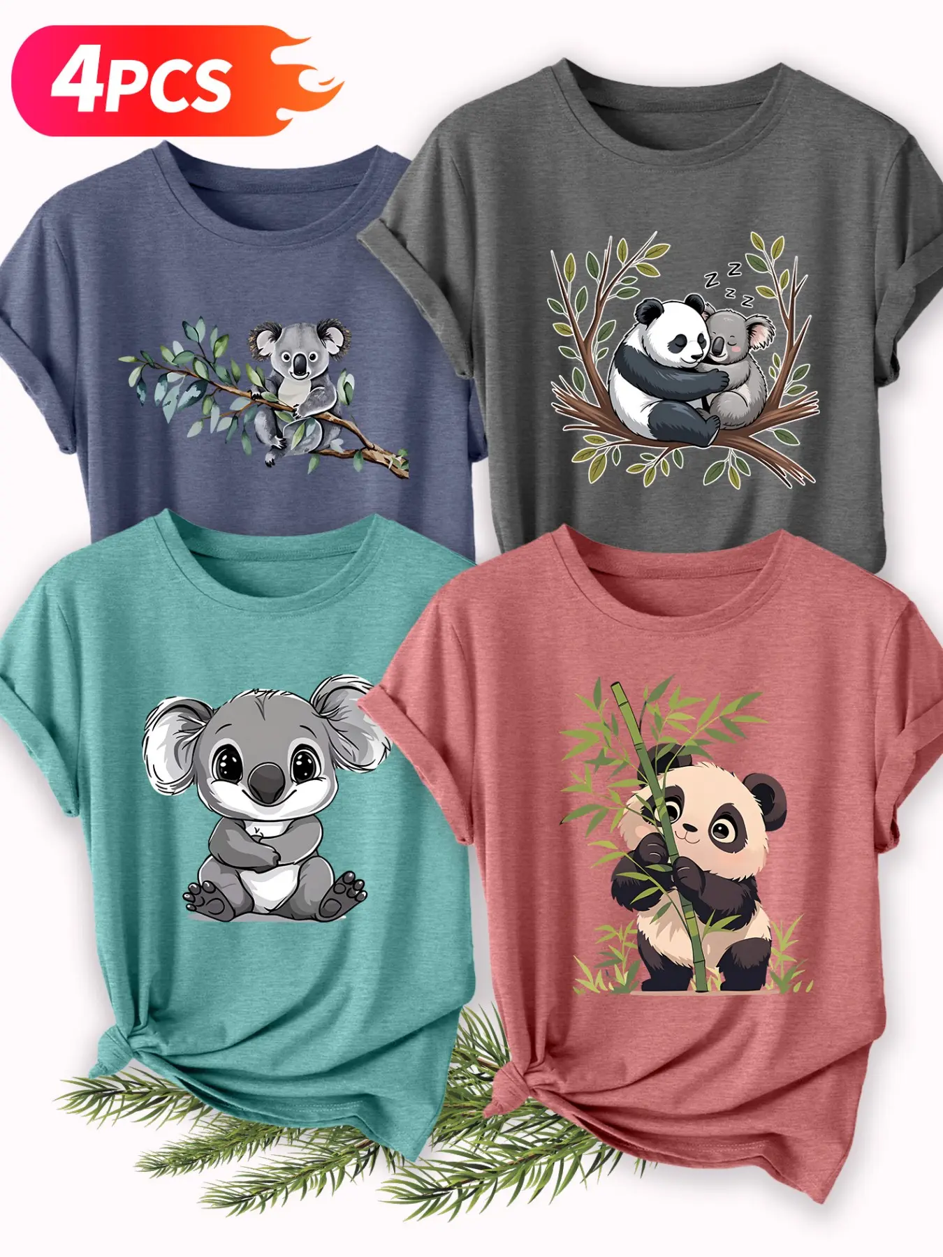 Women's Casual Short Sleeve Crew Neck Cotton T-Shirt – 4PCS Koala & Panda Graphic Print Set, Multicolor, Machine Washable Spring & Summer Top, Soft Skin-Friendly Fabric, Daily Versatile, Fashion Design, Womenswear