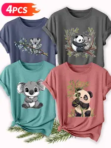 Women's Casual Short Sleeve Crew Neck Cotton T-Shirt – 4PCS Koala & Panda Graphic Print Set, Multicolor, Machine Washable Spring & Summer Top, Soft Skin-Friendly Fabric, Daily Versatile, Fashion Design
