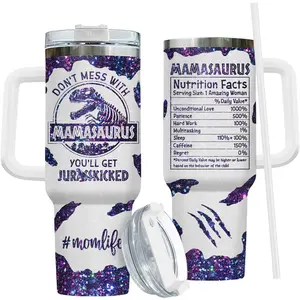 Funny Dinosaur Tumbler 40oz Coffee Mug with Handle and Straw, Stainless Steel Insulated Travel Cup, T Rex Mom Gifts, Mothers Day Gifts