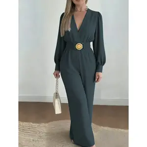 Women’s casual solid-color jumpsuit with a cinched waist, V-neck, bubble sleeves, and wide-leg pants; suitable for autumn and winter, ideal for home, indoor, and outdoor wear