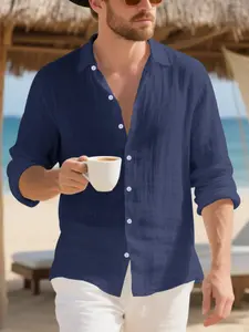Men's Loose-Fitting Linen Breathable Casual Collared Shirt, Hawaiian Tropical Style Long Sleeve Button-Down, Spring Summer Fashion, Large Size Available