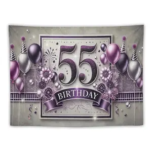 Gorgeous 55th Birthday Tapestry Purple Square Frame Number 55 with Silver Balloons Purple Flowers and Fireworks Gold Ribbon for Grand Celebration