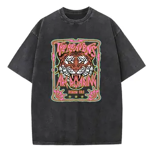 Holafish Unisex Acid Wash Vintage " The Heavens" Roaring Tiger Pattern T-Shirt,Heavyweight Cotton Streetwear Graphic Vintage Tee Menswear Womenswear Crewneck