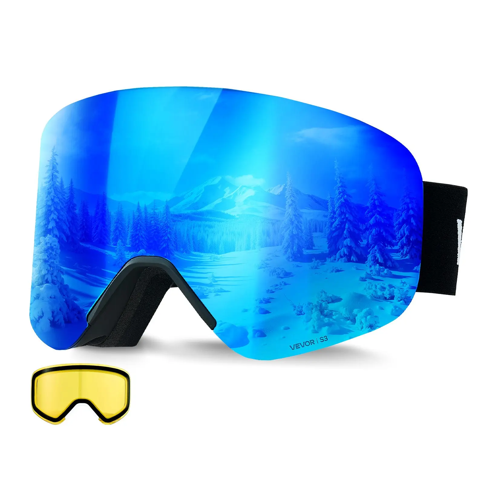 【Summerfinds】VEVOR Frameless Ski Goggles - Blue-with Magnetic Cylindrical Surface Lens, Dark Blue Revo Coating, OTG Anti-Fog, TPU Frame, Breathable Ventilation, Sun Protection, Helmet-Compatible Strap for Men Skiing, Snowboarding, Adjustable Strap, An