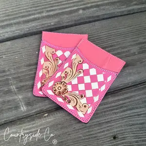 PINK Belle Checkered Tooled Leather Credit Card Holder