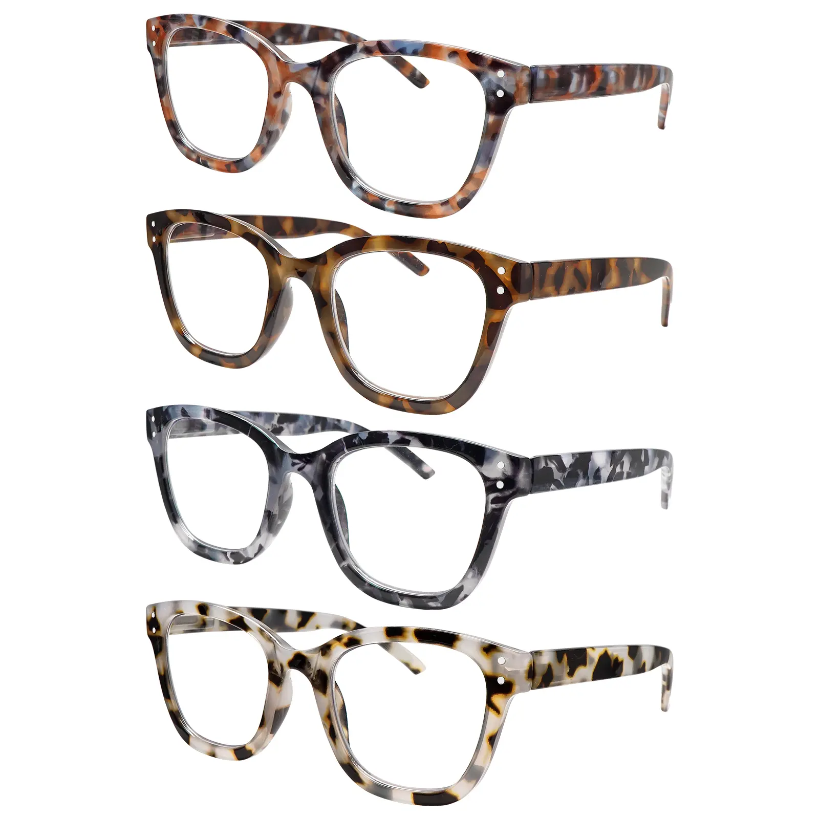 4-Pack Printed Reading Glasses with Blue Light Protection, Square/Round Plastic Frames, Sturdy Spring-Loaded Metal Hinges, Eye Strain Relief, Ideal for Daily Commutes, Holiday/Birthday Gifts, Set Pack, Mix Color