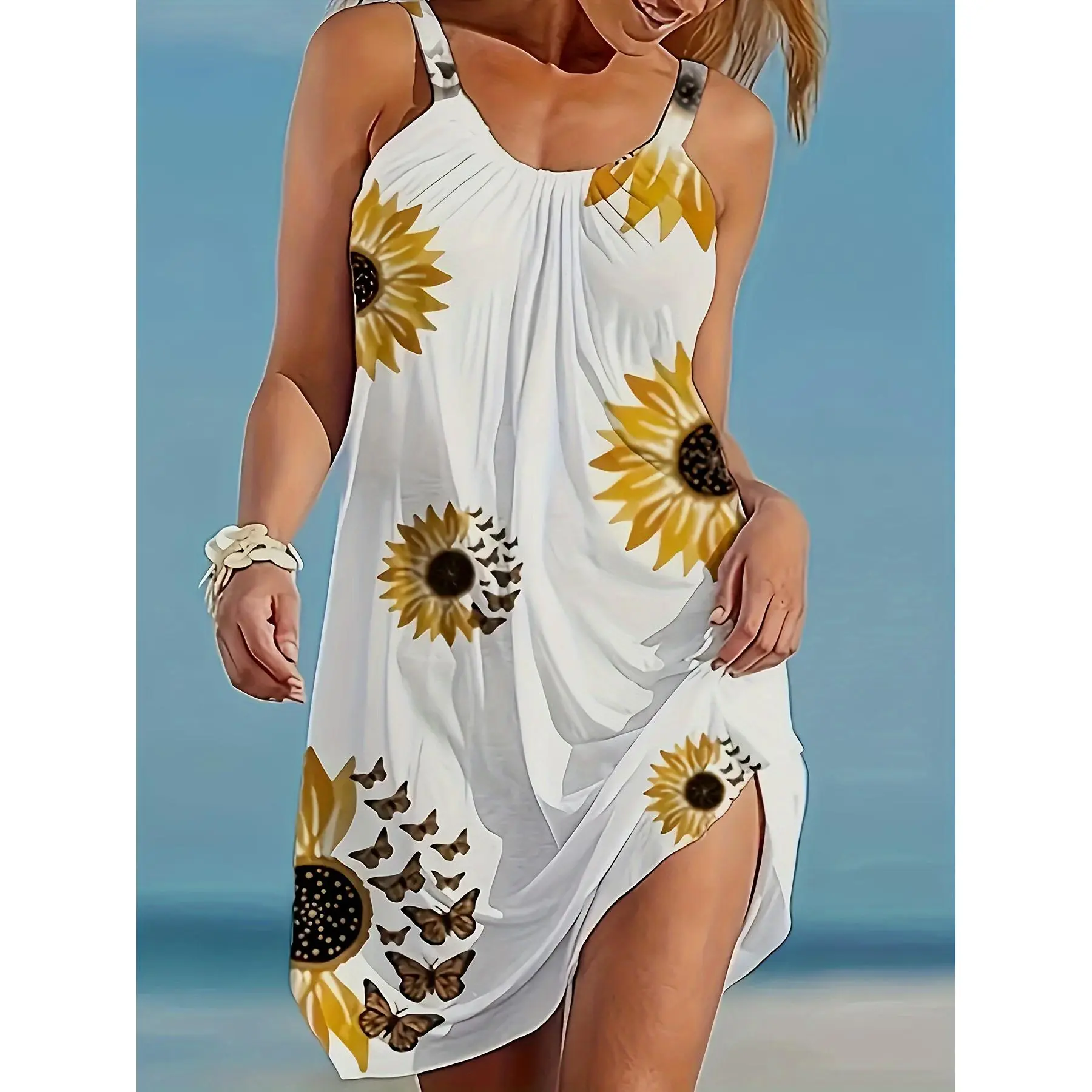Women's Fitted Sunflower Floral Print Crochet Polyester Knitting Sleeveless Tank Dress - Adults, Round Neck, Elastic, Medium Stretch, Casual Wear Vacation Outfit, Machine Washable
