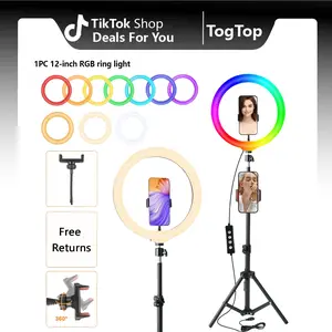 12" RGB Ring Light with Tripod Stand, Tripod for Phone with Light Adjustable 43.3" 110cm Height Floor & 360° Lighting, Video Light Tripod Stand Phone Mount for Photo iPhone Content Creation TikTok YouTube#Mother's Day