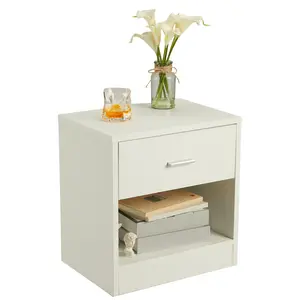 White Nightstand with Drawer, Modern End Table with Open Shelf, Wood Bedside Storage Cabinet for Bedroom, Living Room, Office