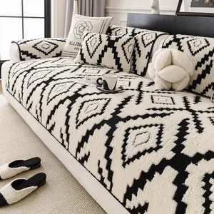 Soft Plush Sofa Cover, 1 Count Thick Non-Slip Couch Cover, Black White Geometric Sofa Protector for Sectional Sofa Living Room
