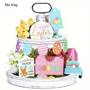 Easter Themed Tiered Tray Decoration, 1 Set Wooden Tiered Tray Decorative Ornament, Desk Centerpiece for Home Office Party